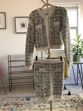 Cropped Tweed Skirt Set - Cream with Black Flecking